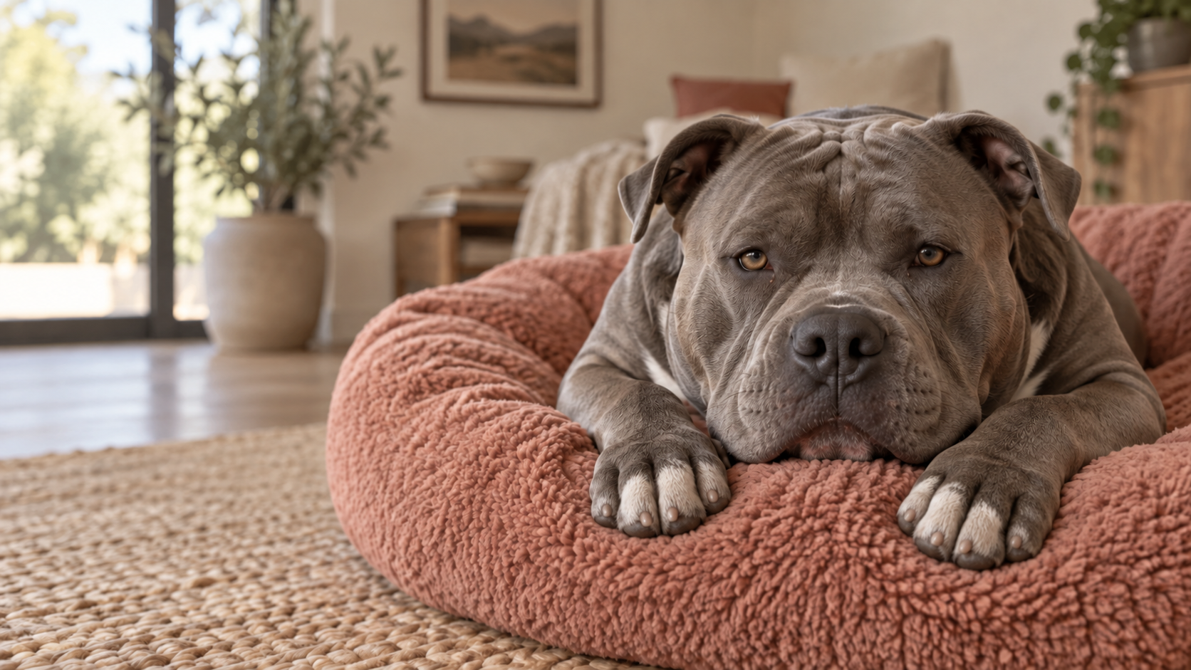 A calm grey XL Bully resting his head between large neatly groomed paws on a fluffy dusty-pink bed