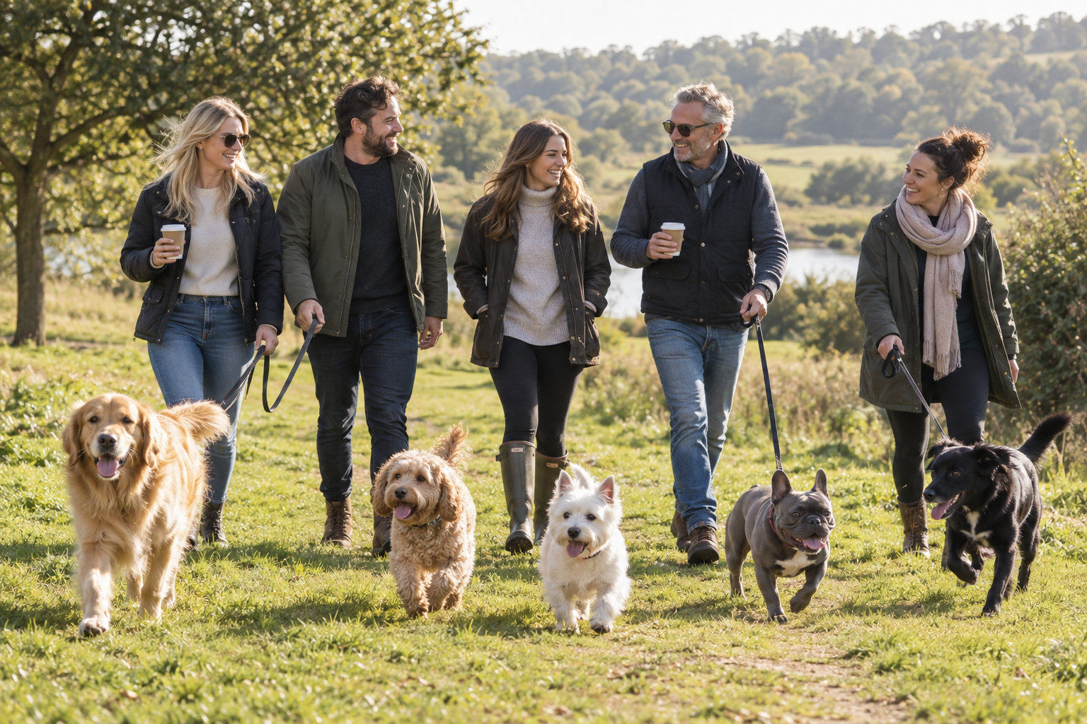 Friends enjoying a sunny country walk with coffee and a playful mix of dogs
