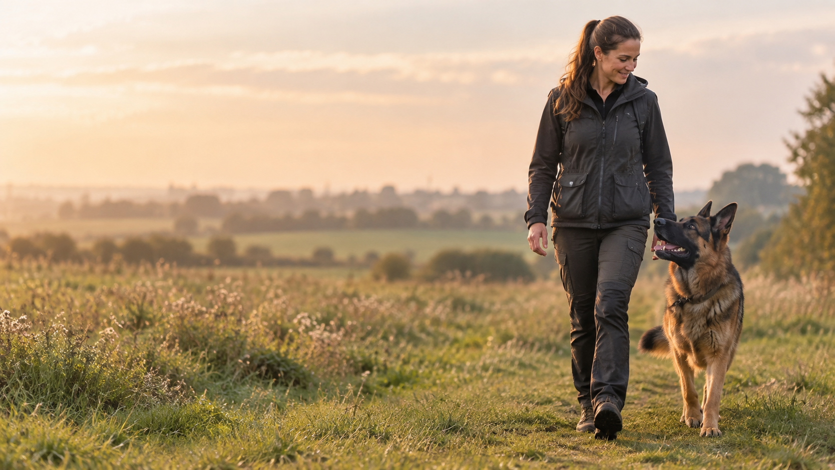 A trainer and an attentive German shepherd walking together in a sunlit Essex meadow